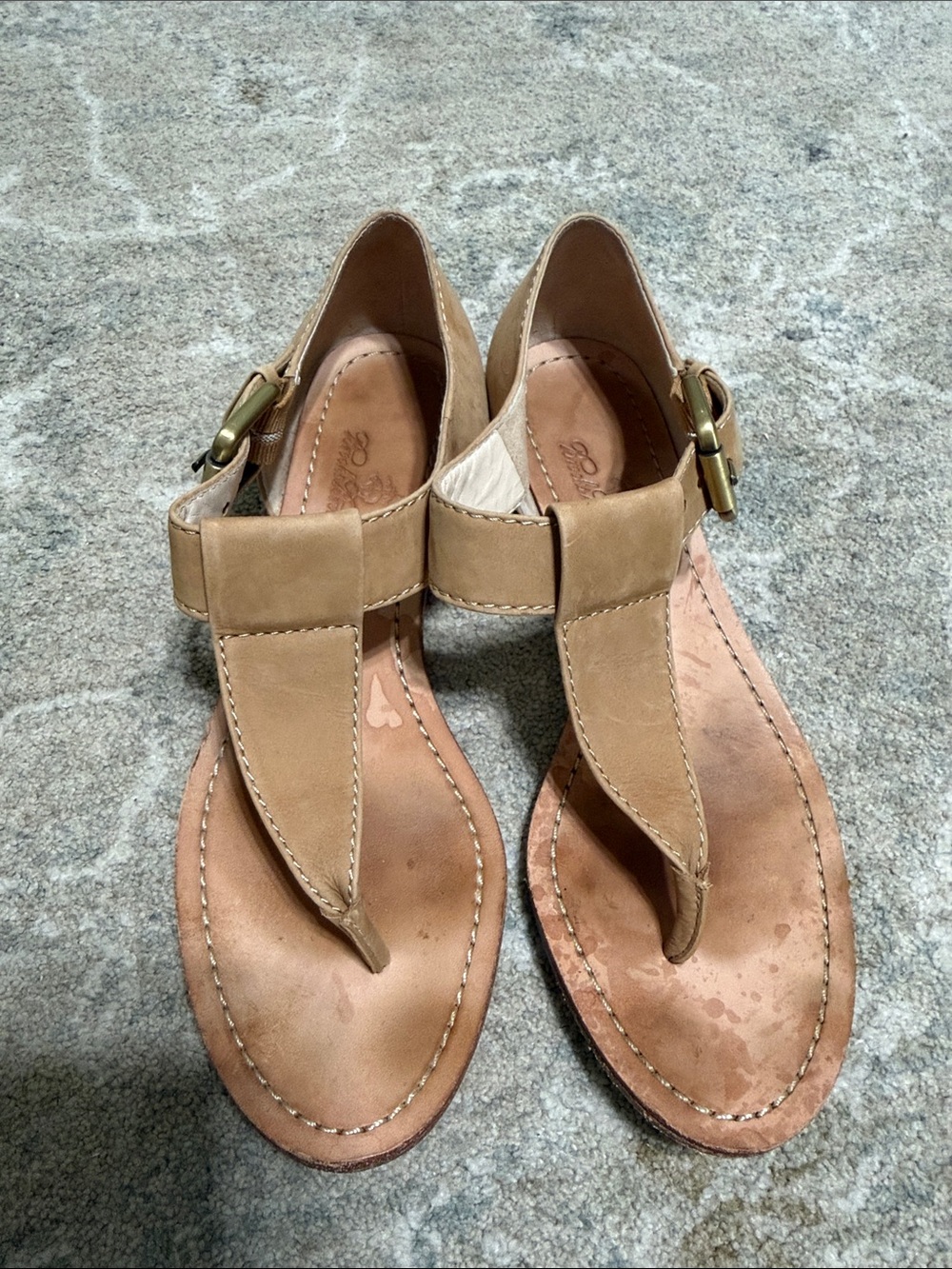 Brooks Brothers Tan Leather T-Strap Sandals with Brass Buckle